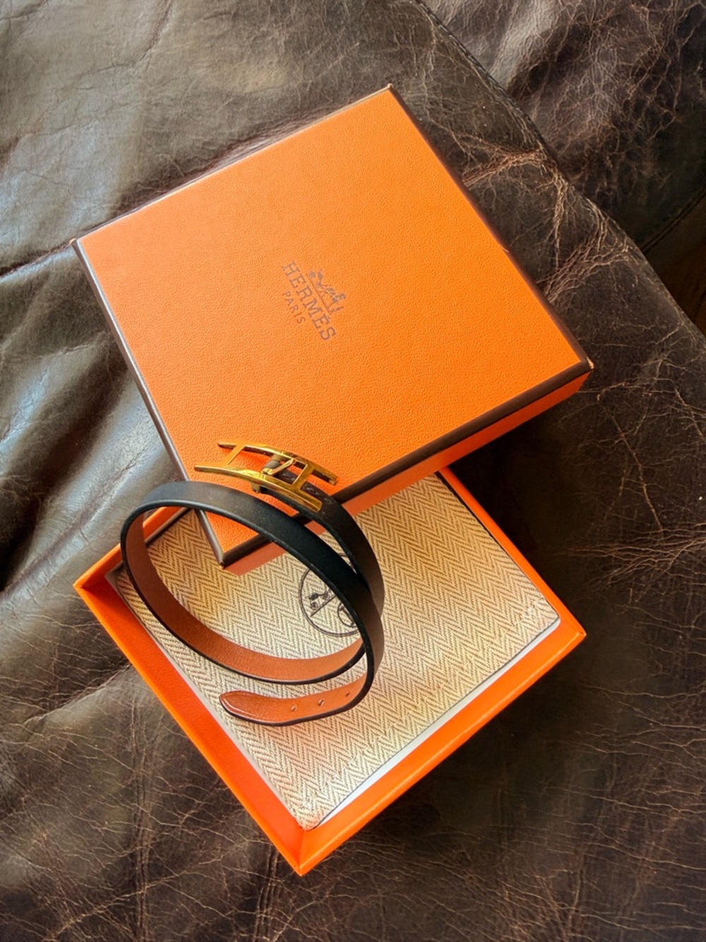 NEW Hermès Black leather bracelet with Gold H Buckle